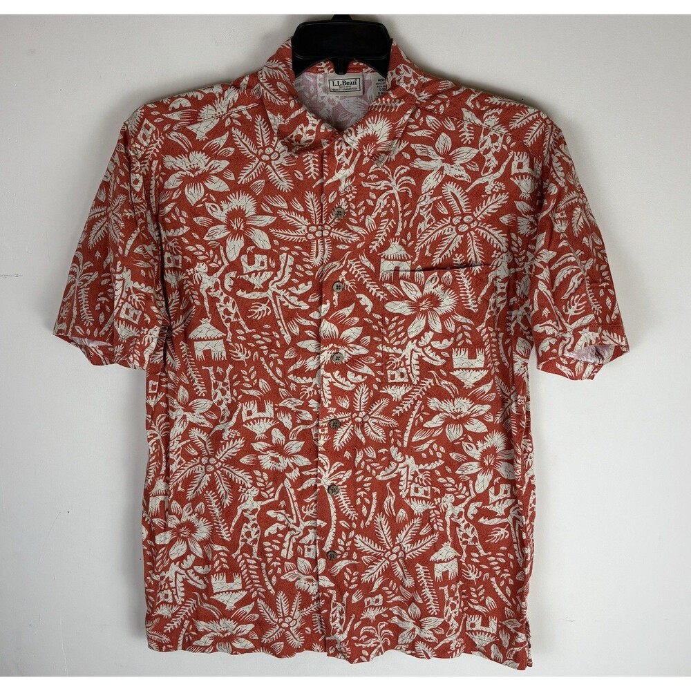 Men’s L.L. Bean Button Up Hawaiian Shirt / Short Sleeve / Red / Size Small